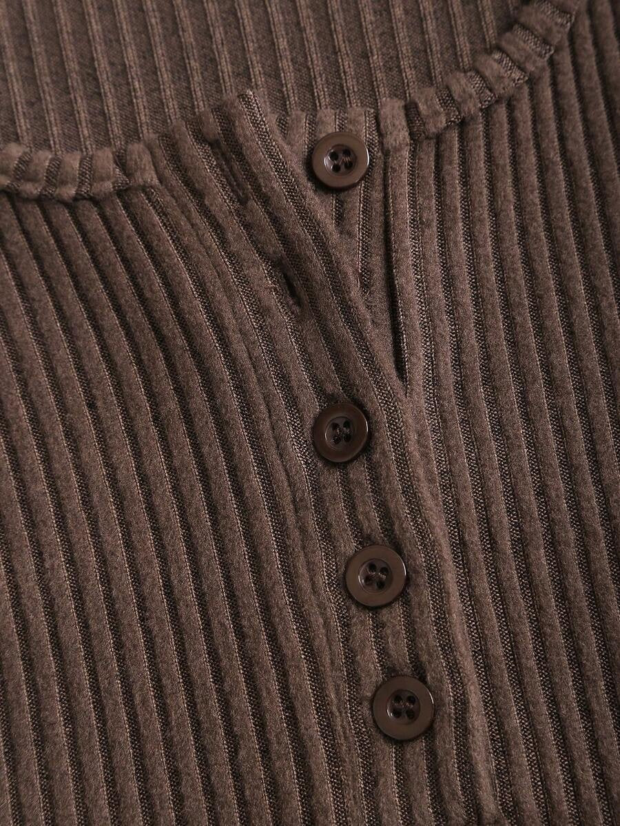 Women's Ribbed Knit Lounge Set, Cropped Henley Top with Ruched Hem and Wide Leg Drawstring Pants, Coffee Brown, view 18
