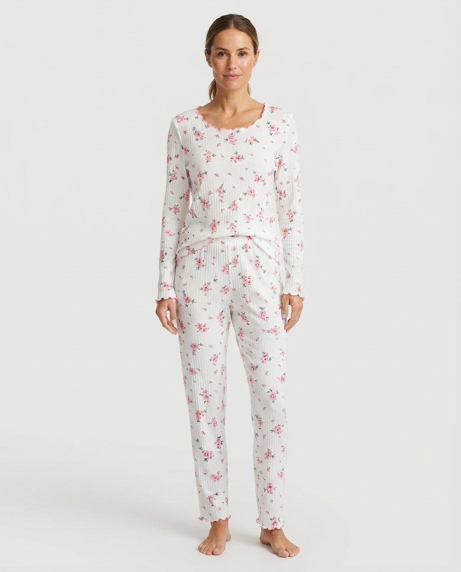Women's Ribbed Knit Pajama Set, Floral Print Long Sleeve Top and Pants with Lettuce Trim, White