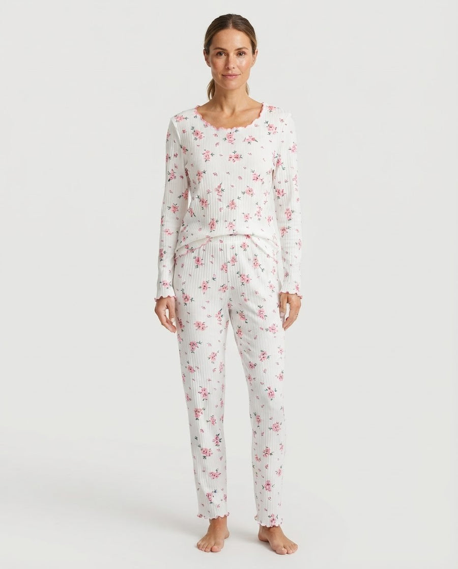 Women's Ribbed Knit Pajama Set, Floral Print Long Sleeve Top and Pants with Lettuce Trim, White