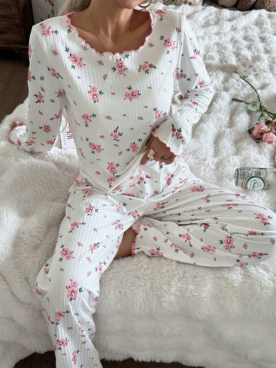 Women's Ribbed Knit Pajama Set, Floral Print Long Sleeve Top and Pants with Lettuce Trim, White