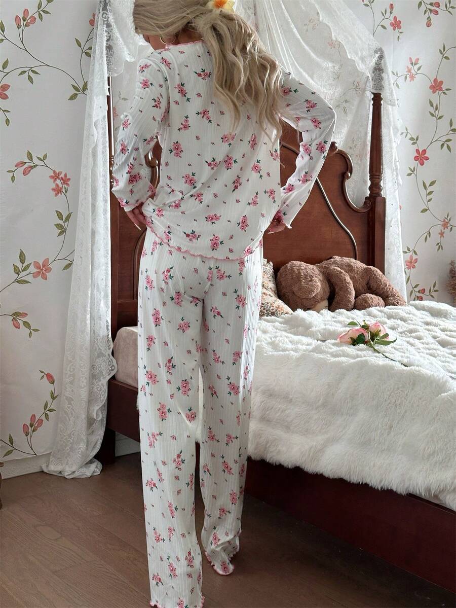 Women's Ribbed Knit Pajama Set, Floral Print Long Sleeve Top and Pants with Lettuce Trim, White, view 2