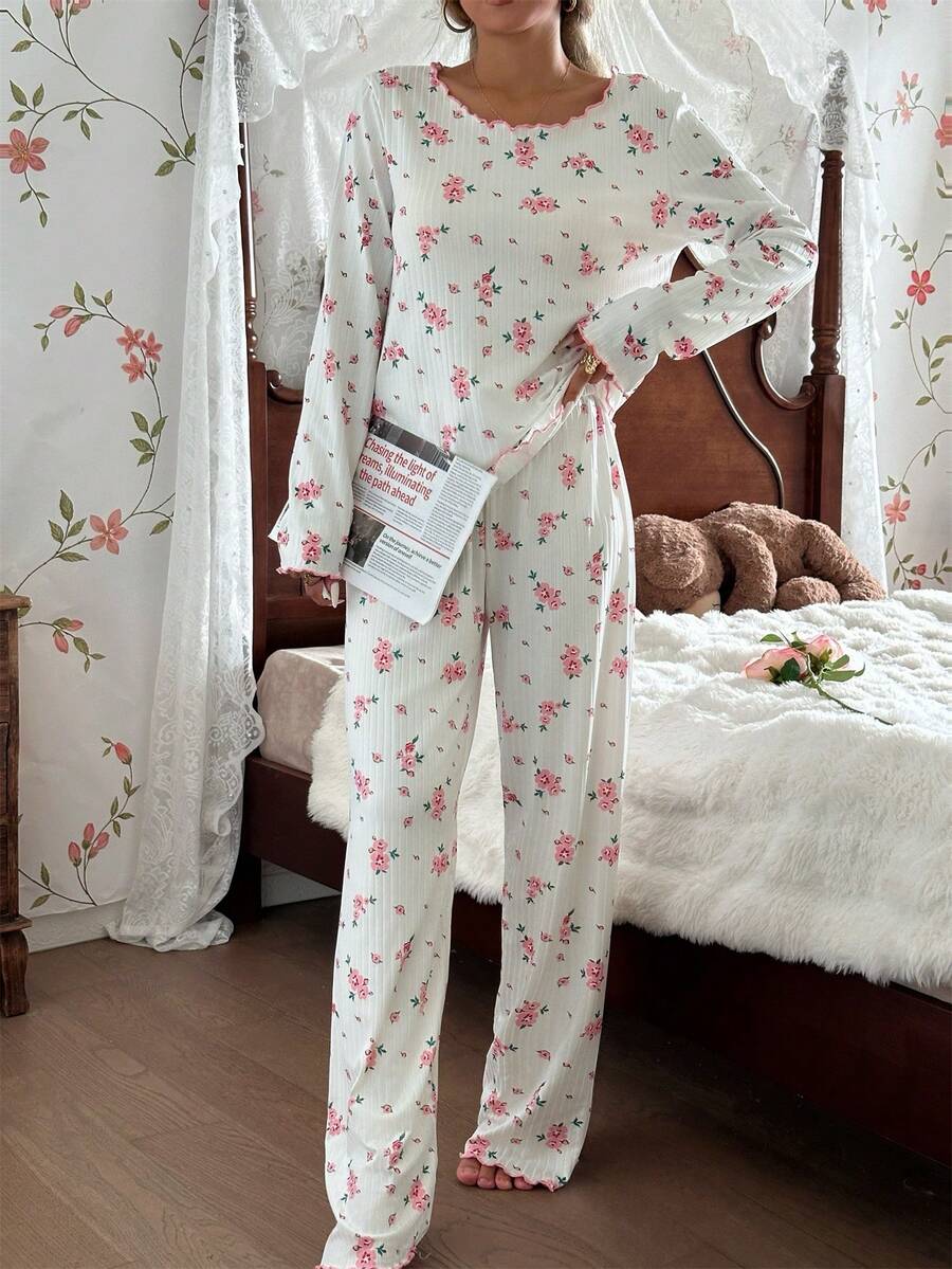 Women's Ribbed Knit Pajama Set, Floral Print Long Sleeve Top and Pants with Lettuce Trim, White, view 3
