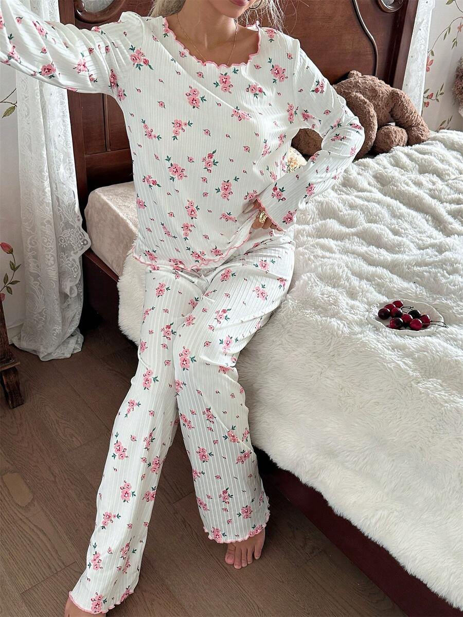 Women's Ribbed Knit Pajama Set, Floral Print Long Sleeve Top and Pants with Lettuce Trim, White, view 4