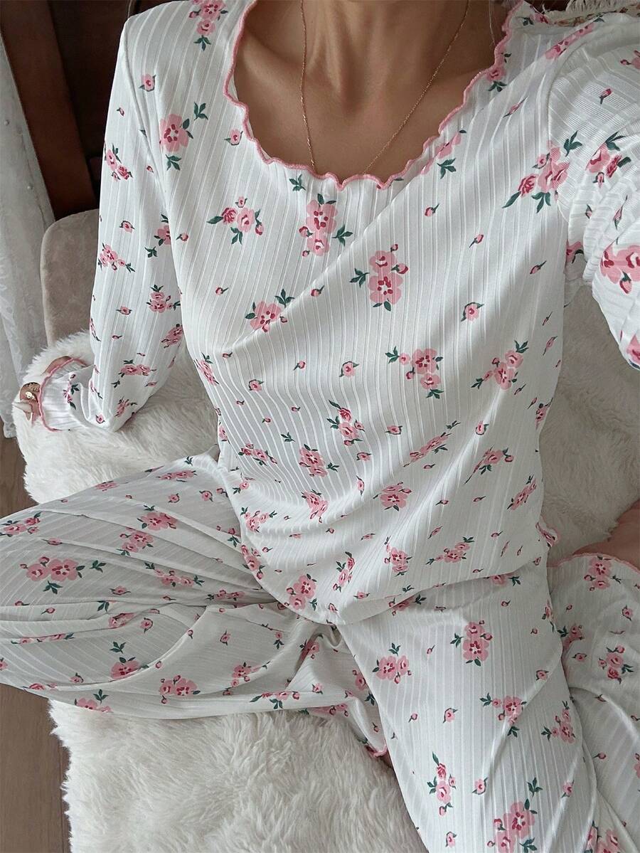Women's Ribbed Knit Pajama Set, Floral Print Long Sleeve Top and Pants with Lettuce Trim, White, view 5