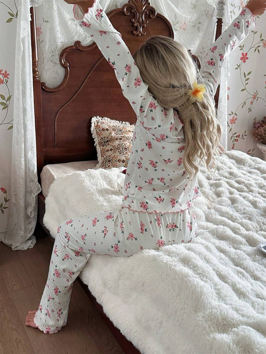 Women's Ribbed Knit Pajama Set, Floral Print Long Sleeve Top and Pants with Lettuce Trim, White, view 6