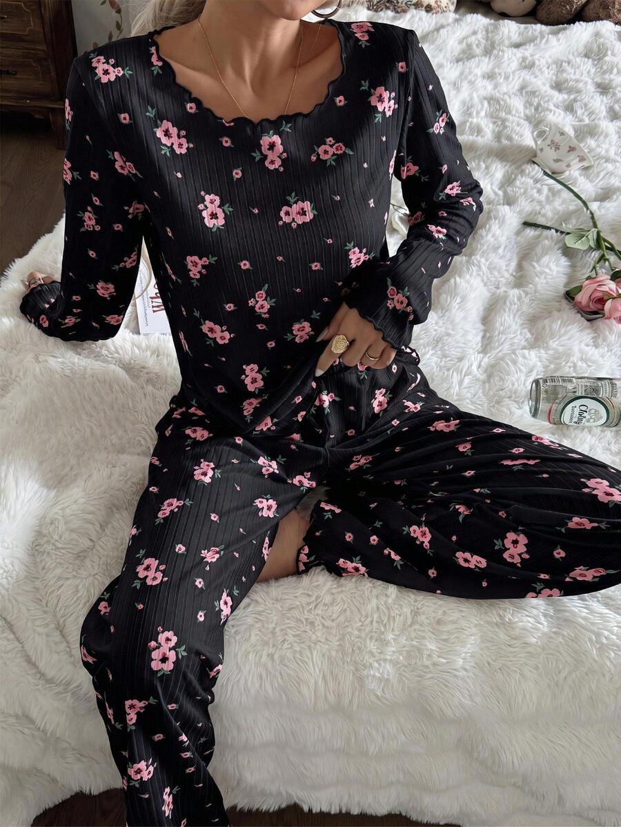 Women's Ribbed Knit Pajama Set, Floral Print Long Sleeve Top and Pants with Lettuce Trim, Black, view 7