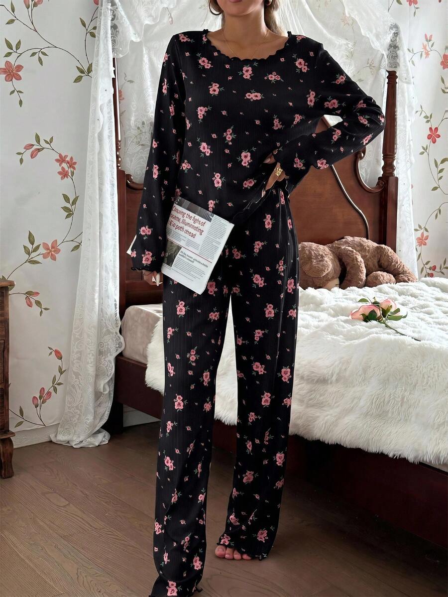 Women's Ribbed Knit Pajama Set, Floral Print Long Sleeve Top and Pants with Lettuce Trim, Black, view 8