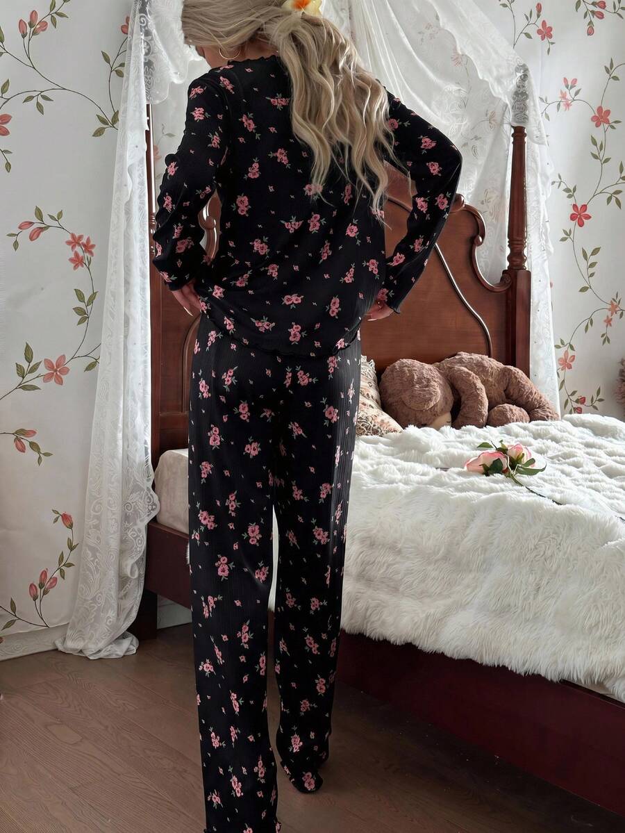 Women's Ribbed Knit Pajama Set, Floral Print Long Sleeve Top and Pants with Lettuce Trim, Black, view 9