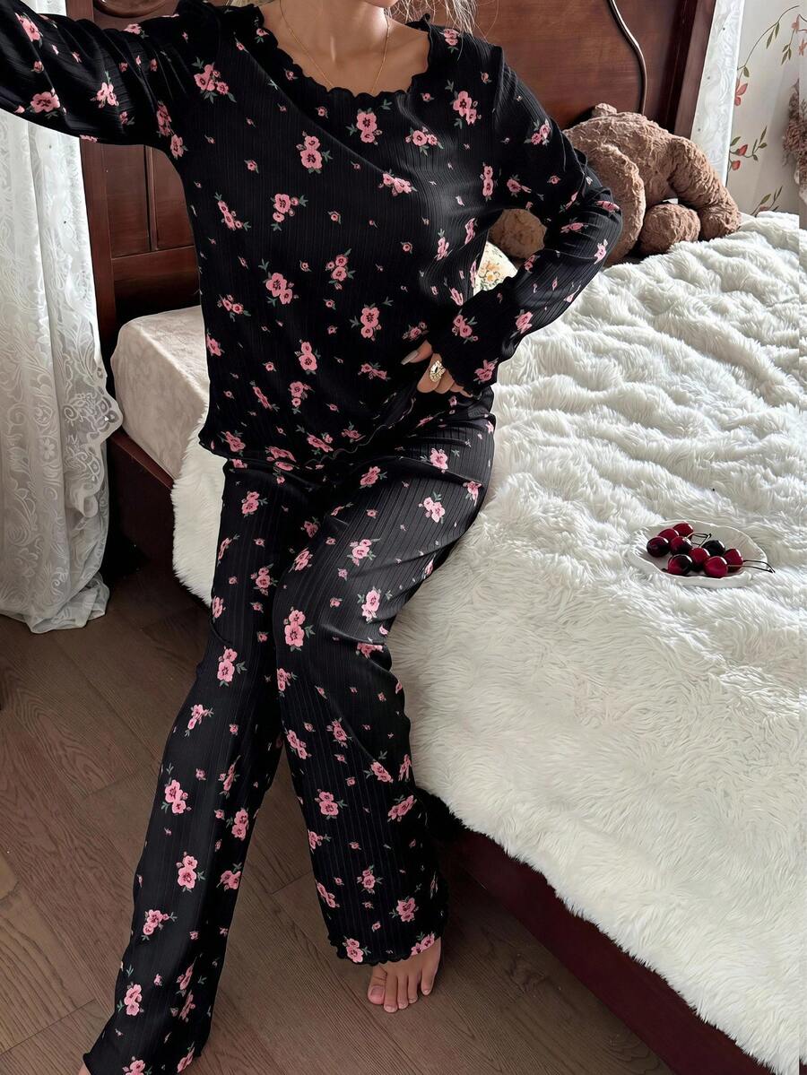 Women's Ribbed Knit Pajama Set, Floral Print Long Sleeve Top and Pants with Lettuce Trim, Black, view 10