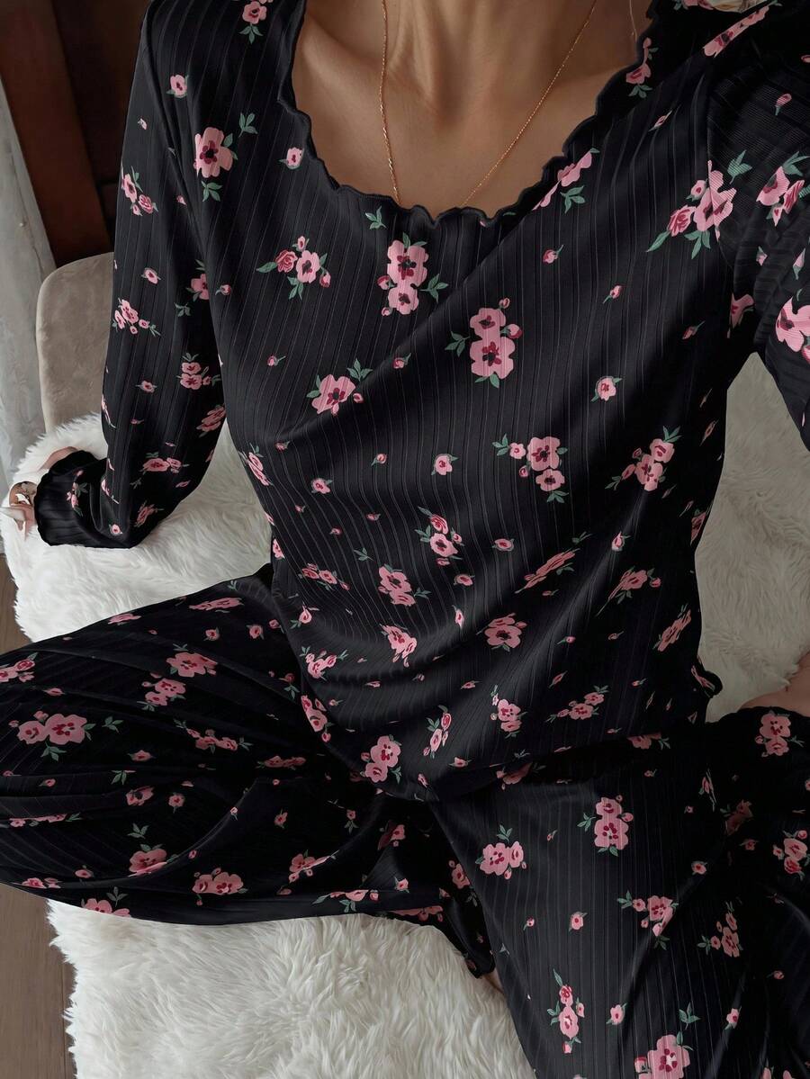 Women's Ribbed Knit Pajama Set, Floral Print Long Sleeve Top and Pants with Lettuce Trim, Black, view 11