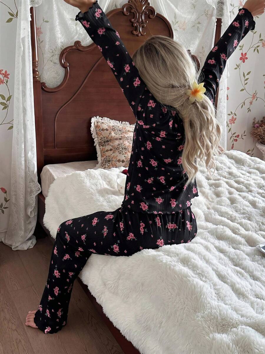 Women's Ribbed Knit Pajama Set, Floral Print Long Sleeve Top and Pants with Lettuce Trim, Black, view 12