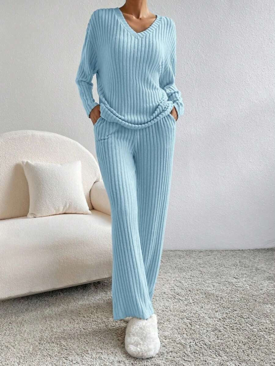 Women's Ribbed Knit Pajama Set, Light Blue V-Neck Long Sleeve Top and Wide Leg Pants, Light Blue