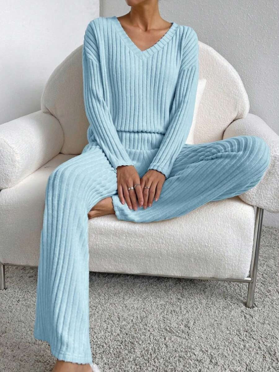 Women's Ribbed Knit Pajama Set, Light Blue V-Neck Long Sleeve Top and Wide Leg Pants, Light Blue, view 2
