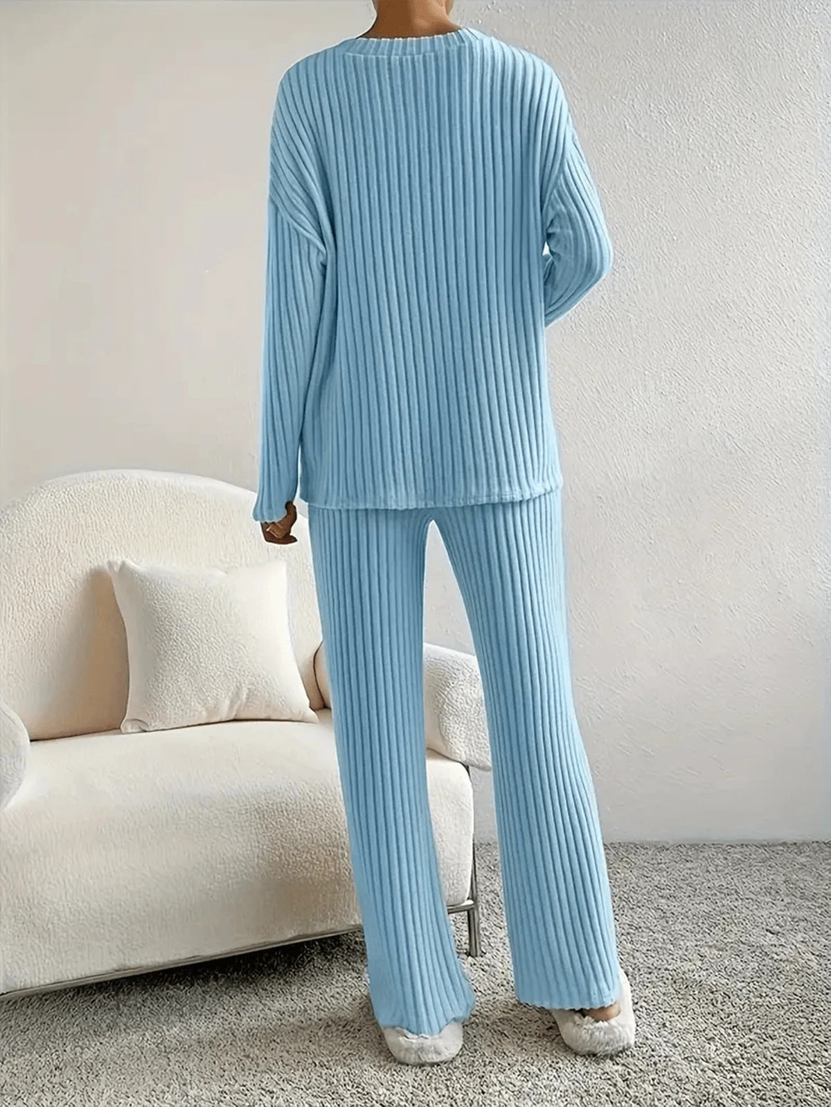 Women's Ribbed Knit Pajama Set, Light Blue V-Neck Long Sleeve Top and Wide Leg Pants, Light Blue, view 3