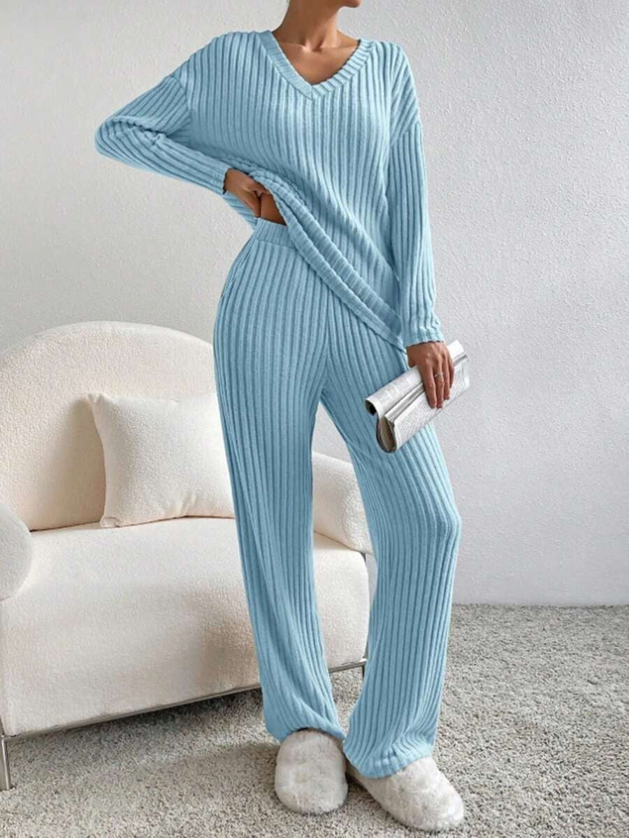 Women's Ribbed Knit Pajama Set, Light Blue V-Neck Long Sleeve Top and Wide Leg Pants, Light Blue, view 4
