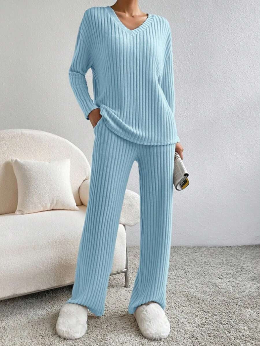 Women's Ribbed Knit Pajama Set, Light Blue V-Neck Long Sleeve Top and Wide Leg Pants, Light Blue, view 5