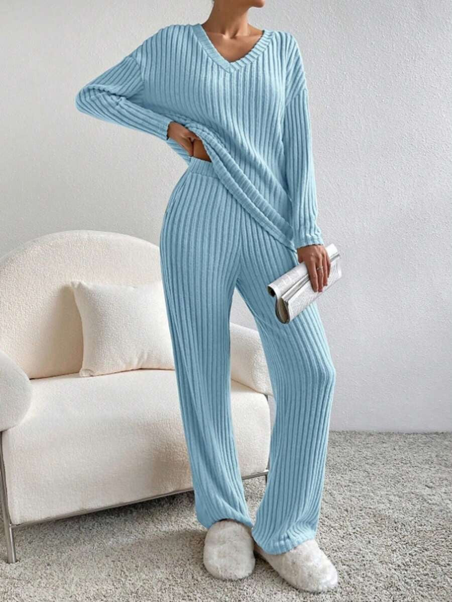 Women's Ribbed Knit Pajama Set, Light Blue V-Neck Long Sleeve Top and Wide Leg Pants, Light Blue, view 6