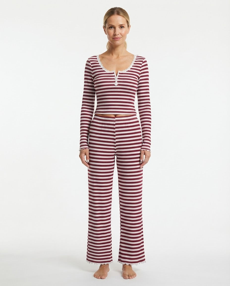 Women's Ribbed Knit Pajama Set, Striped Lace Trim Henley Top and Wide Leg Pants, Long Sleeve, Burgundy