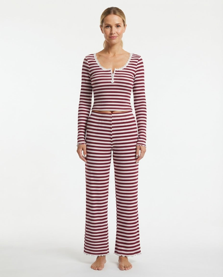 Women's Ribbed Knit Pajama Set, Striped Lace Trim Henley Top and Wide Leg Pants, Long Sleeve, Burgundy