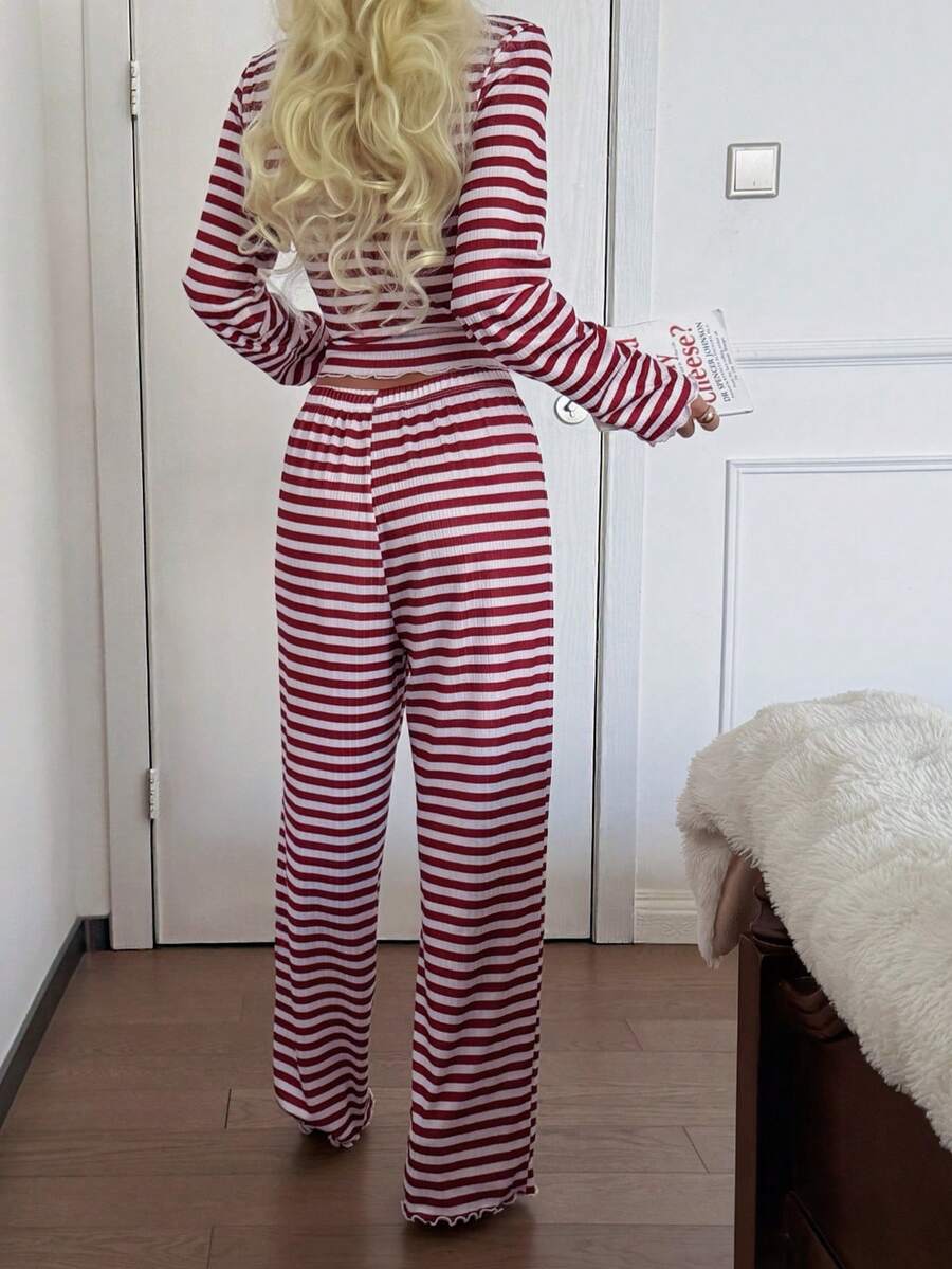 Women's Ribbed Knit Pajama Set, Striped Lace Trim Henley Top and Wide Leg Pants, Long Sleeve, Burgundy, view 2