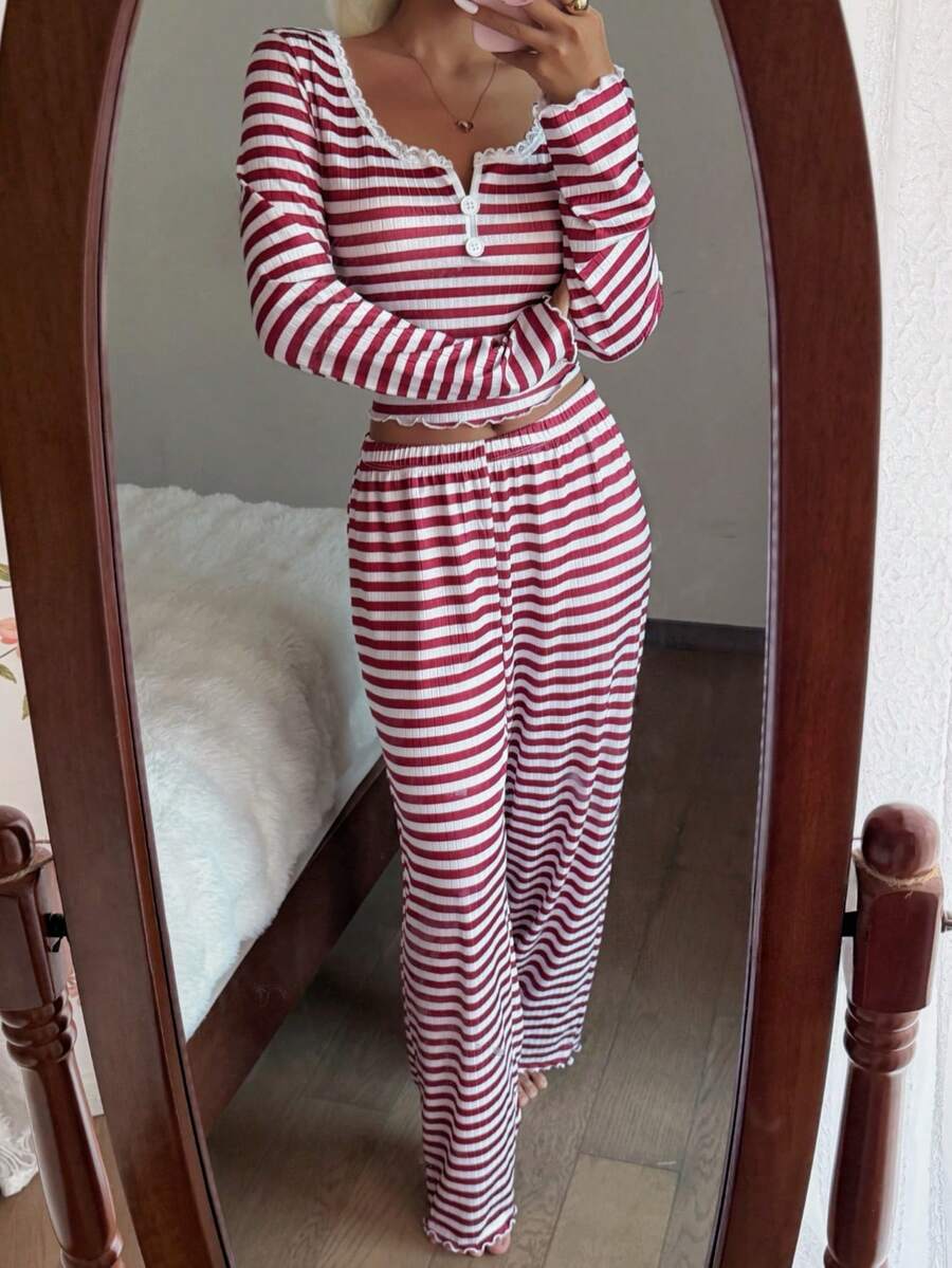 Women's Ribbed Knit Pajama Set, Striped Lace Trim Henley Top and Wide Leg Pants, Long Sleeve, Burgundy, view 4