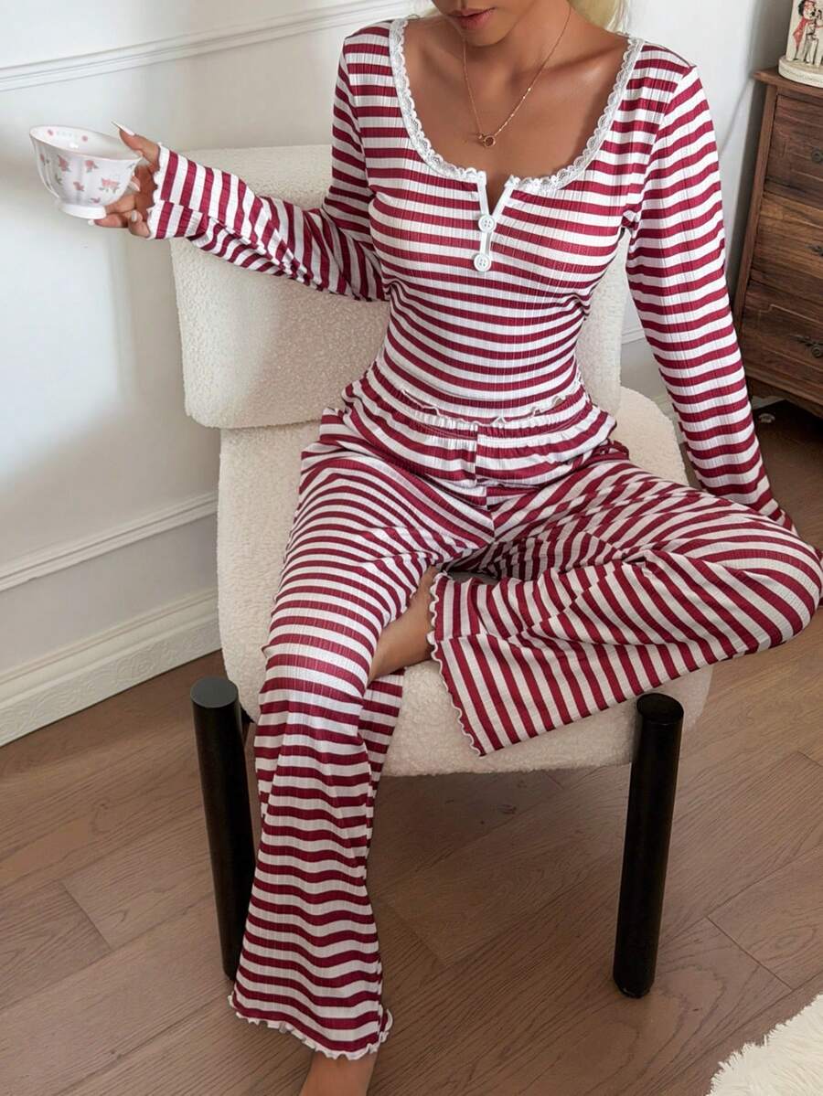 Women's Ribbed Knit Pajama Set, Striped Lace Trim Henley Top and Wide Leg Pants, Long Sleeve, Burgundy, view 6
