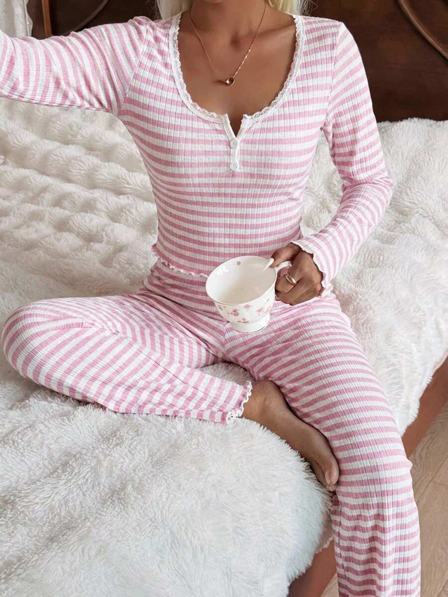 Women's Ribbed Knit Pajama Set, Striped Lace Trim Henley Top and Wide Leg Pants, Long Sleeve, Pink, view 7