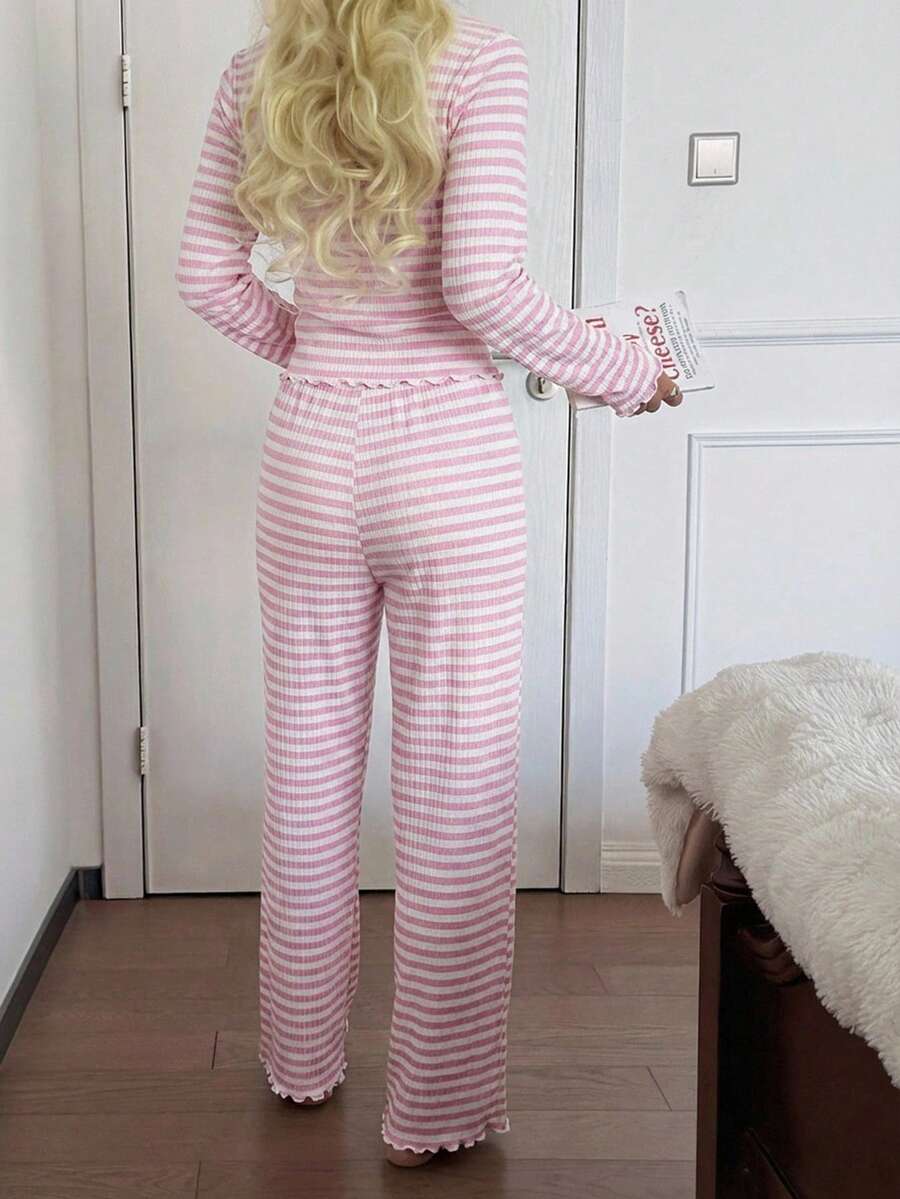 Women's Ribbed Knit Pajama Set, Striped Lace Trim Henley Top and Wide Leg Pants, Long Sleeve, Pink, view 8