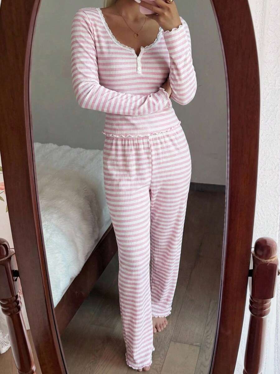 Women's Ribbed Knit Pajama Set, Striped Lace Trim Henley Top and Wide Leg Pants, Long Sleeve, Pink, view 9
