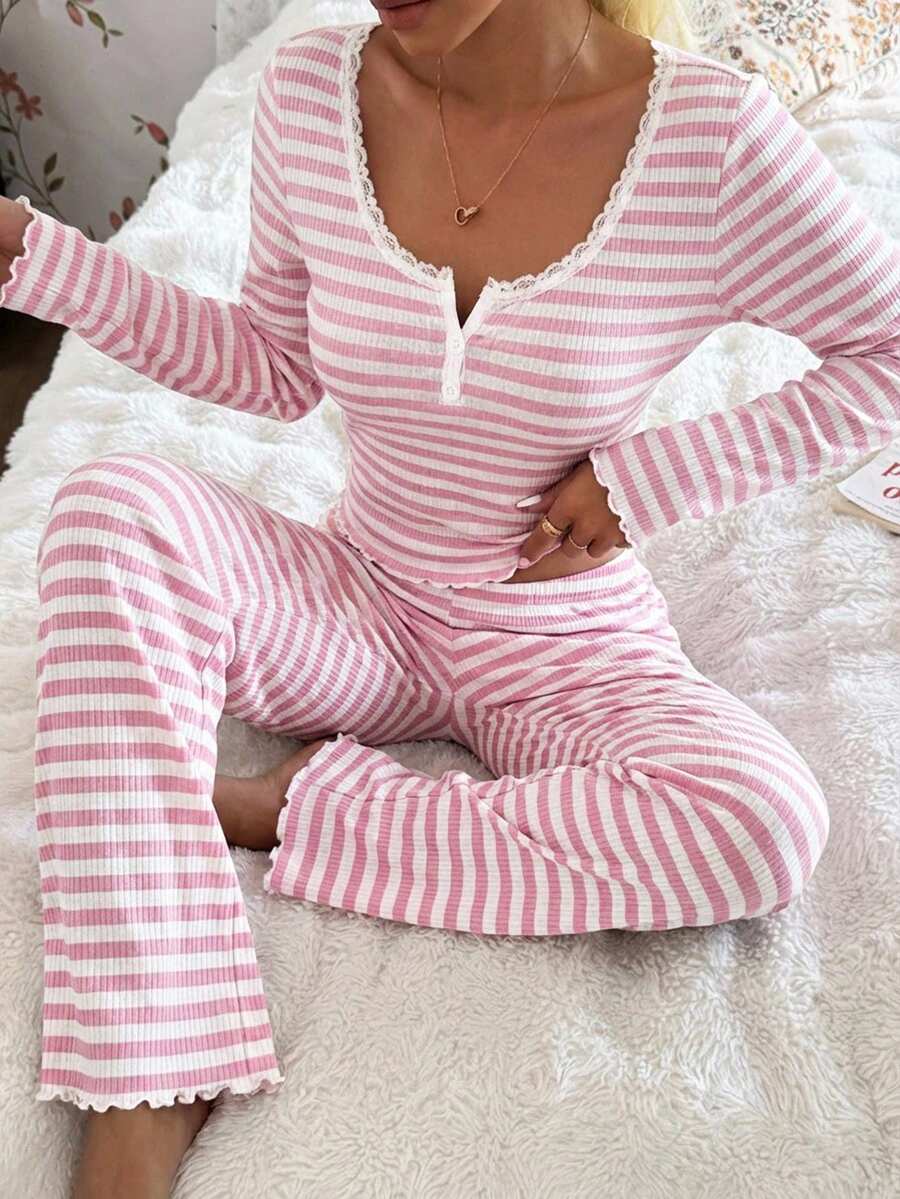 Women's Ribbed Knit Pajama Set, Striped Lace Trim Henley Top and Wide Leg Pants, Long Sleeve, Pink, view 10