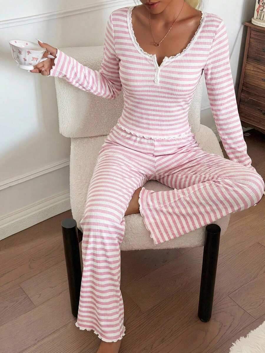 Women's Ribbed Knit Pajama Set, Striped Lace Trim Henley Top and Wide Leg Pants, Long Sleeve, Pink, view 12