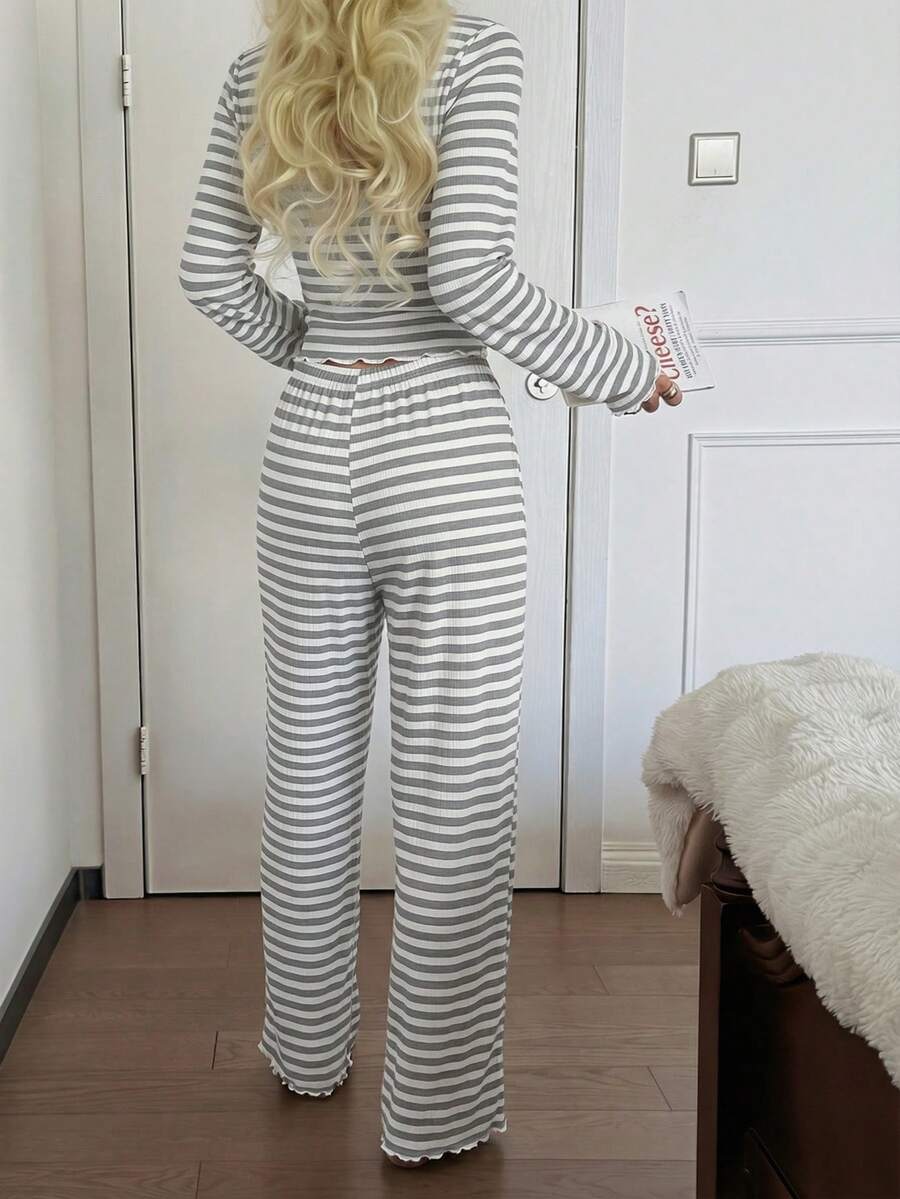 Women's Ribbed Knit Pajama Set, Striped Lace Trim Henley Top and Wide Leg Pants, Long Sleeve, Light Gray, view 14