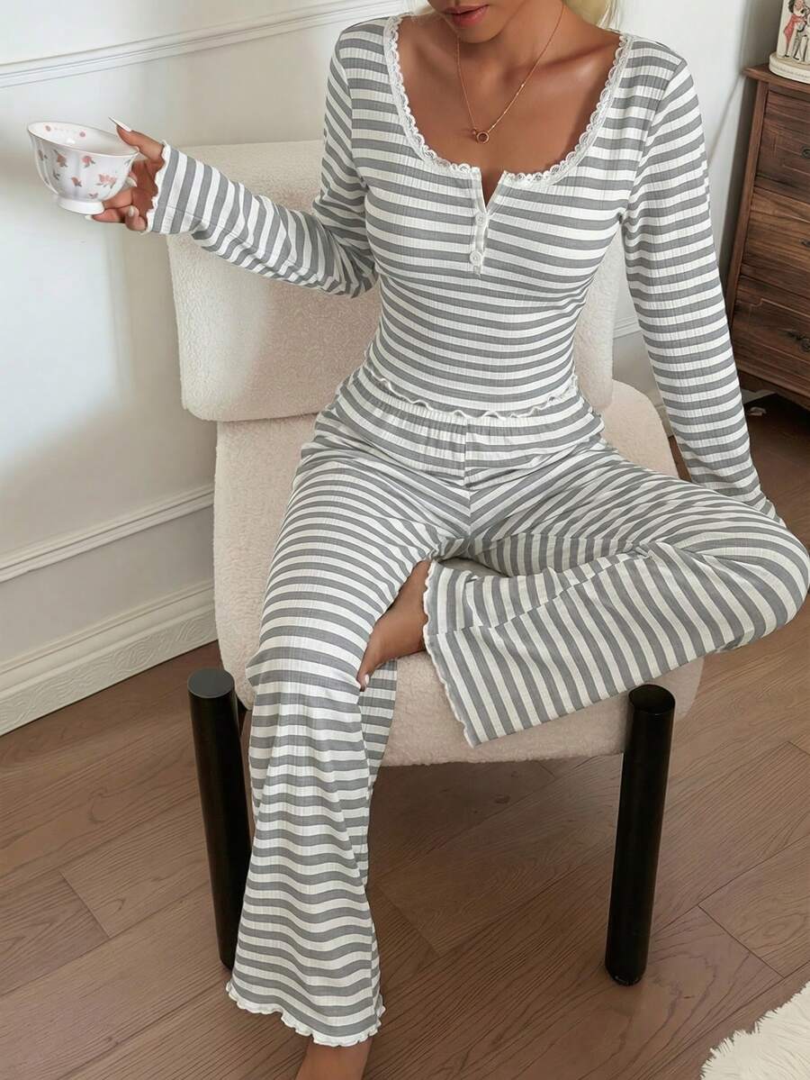 Women's Ribbed Knit Pajama Set, Striped Lace Trim Henley Top and Wide Leg Pants, Long Sleeve, Light Gray, view 15