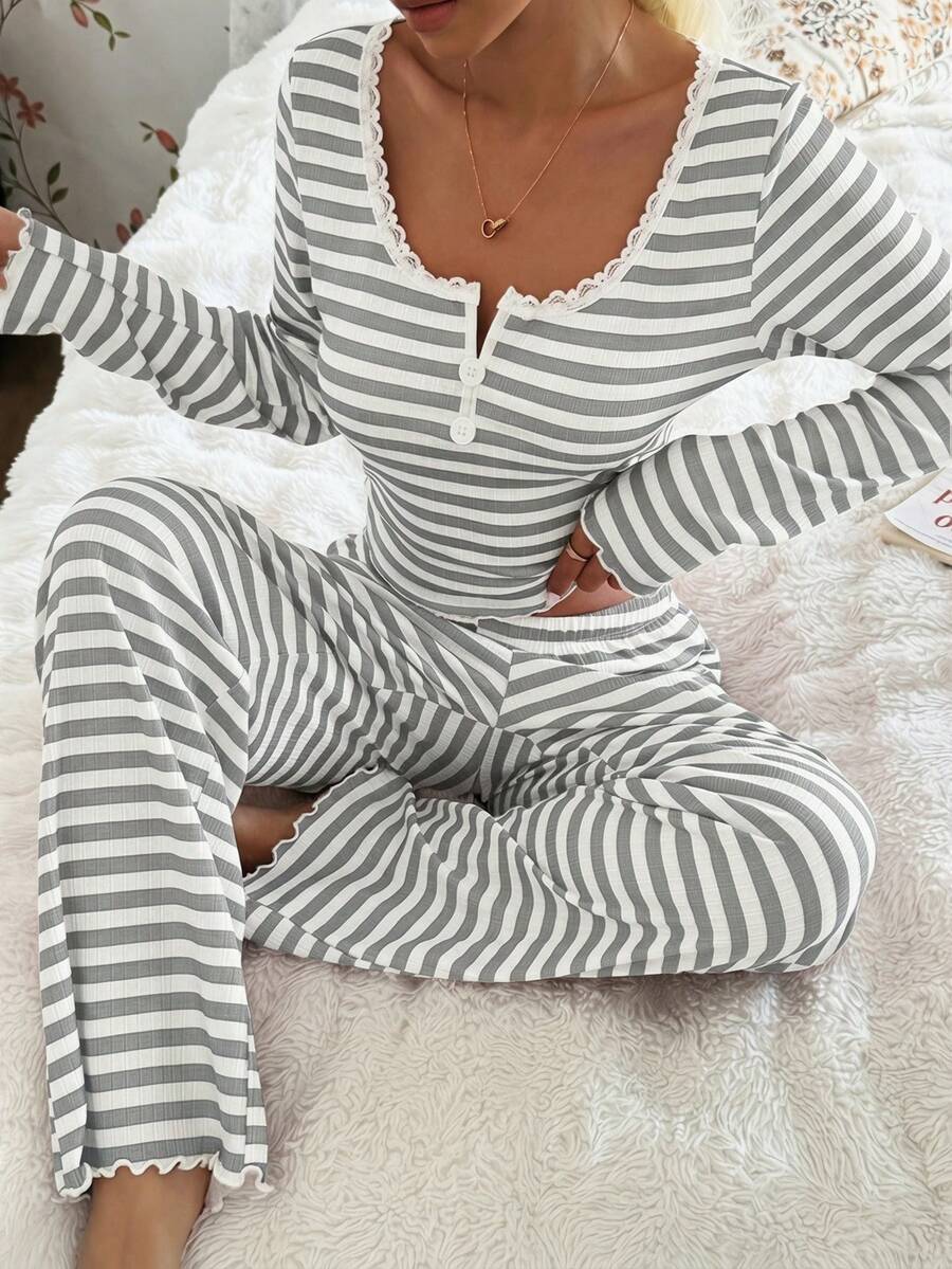 Women's Ribbed Knit Pajama Set, Striped Lace Trim Henley Top and Wide Leg Pants, Long Sleeve, Light Gray, view 16