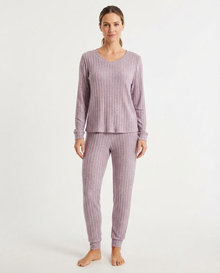 Women's Ribbed Knit Pajama Set, V-Neck Long Sleeve Top and Cuffed Jogger Pants, Mauve Purple
