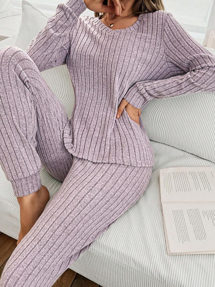 Women's Ribbed Knit Pajama Set, V-Neck Long Sleeve Top and Cuffed Jogger Pants, Mauve Purple