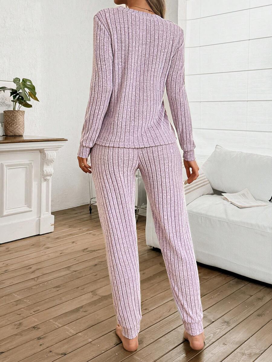 Women's Ribbed Knit Pajama Set, V-Neck Long Sleeve Top and Cuffed Jogger Pants, Mauve Purple, view 2
