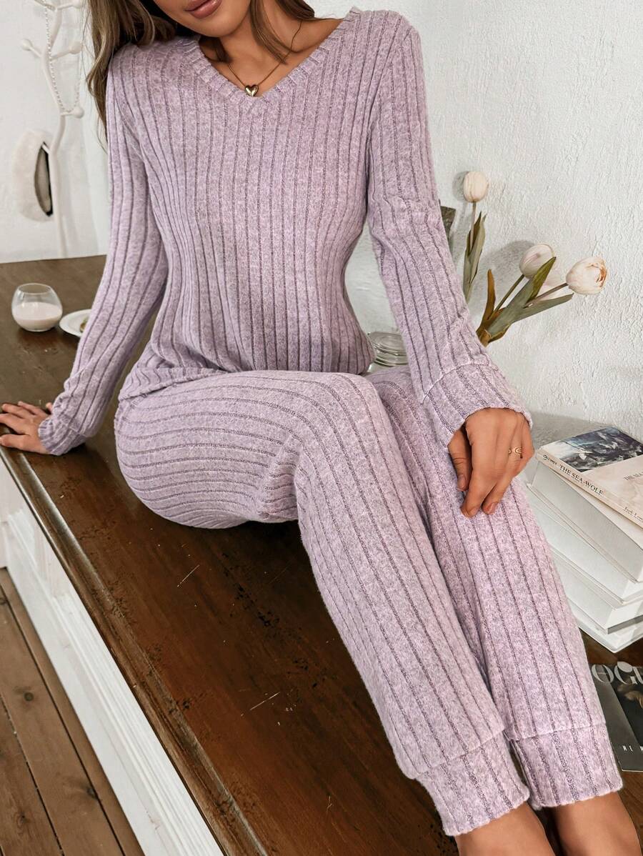 Women's Ribbed Knit Pajama Set, V-Neck Long Sleeve Top and Cuffed Jogger Pants, Mauve Purple, view 4