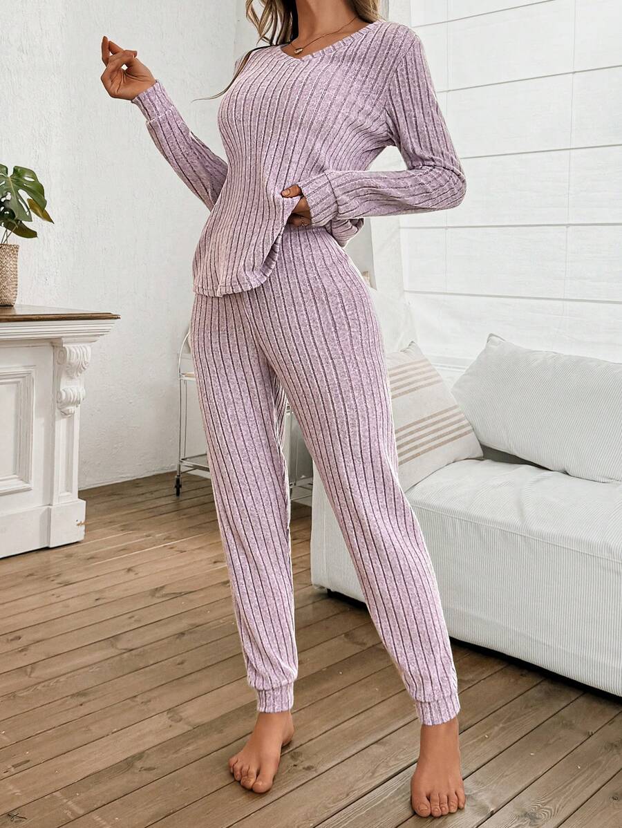 Women's Ribbed Knit Pajama Set, V-Neck Long Sleeve Top and Cuffed Jogger Pants, Mauve Purple, view 5