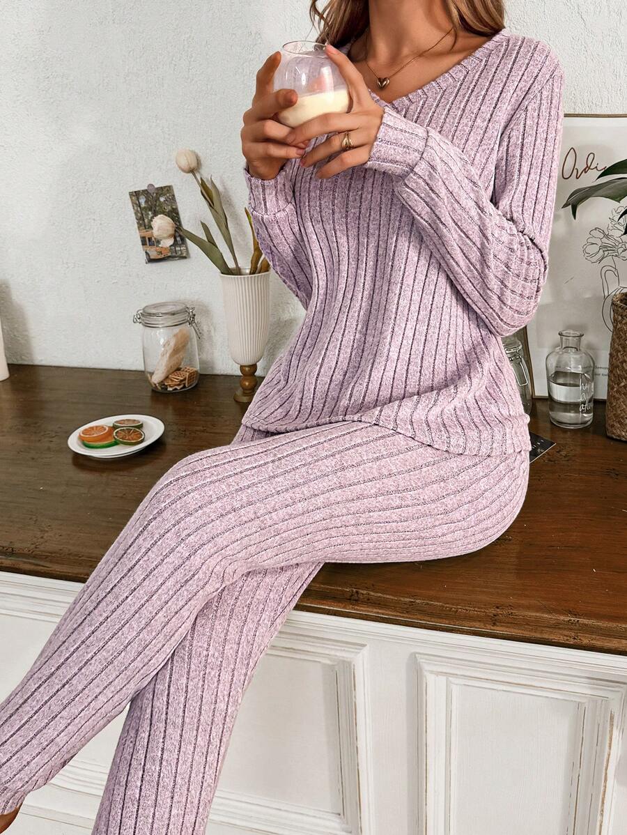 Women's Ribbed Knit Pajama Set, V-Neck Long Sleeve Top and Cuffed Jogger Pants, Mauve Purple, view 6