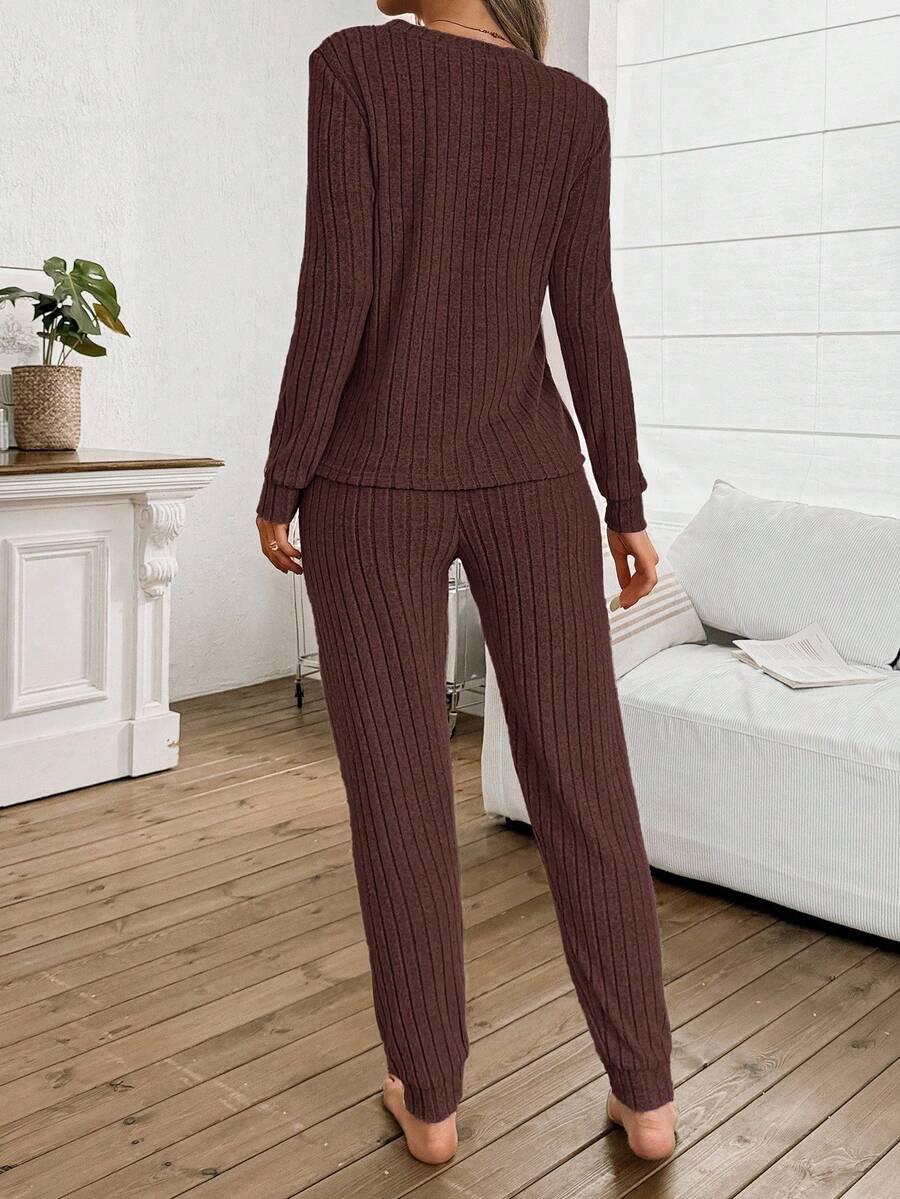 Women's Ribbed Knit Pajama Set, V-Neck Long Sleeve Top and Cuffed Jogger Pants, Brown, view 8
