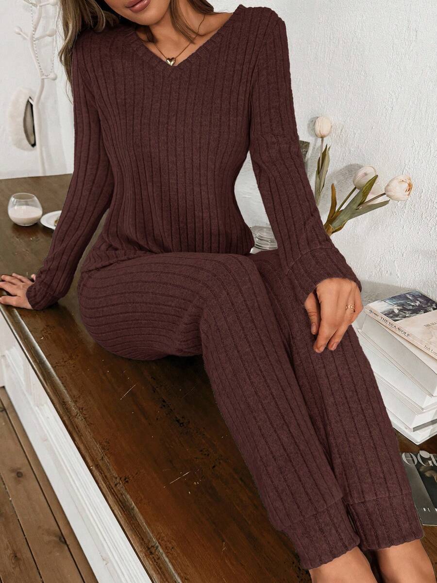 Women's Ribbed Knit Pajama Set, V-Neck Long Sleeve Top and Cuffed Jogger Pants, Brown, view 10