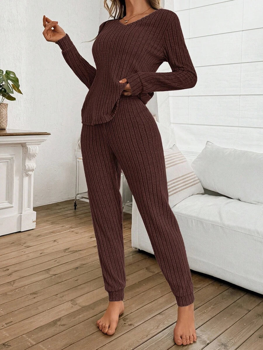 Women's Ribbed Knit Pajama Set, V-Neck Long Sleeve Top and Cuffed Jogger Pants, Brown, view 11