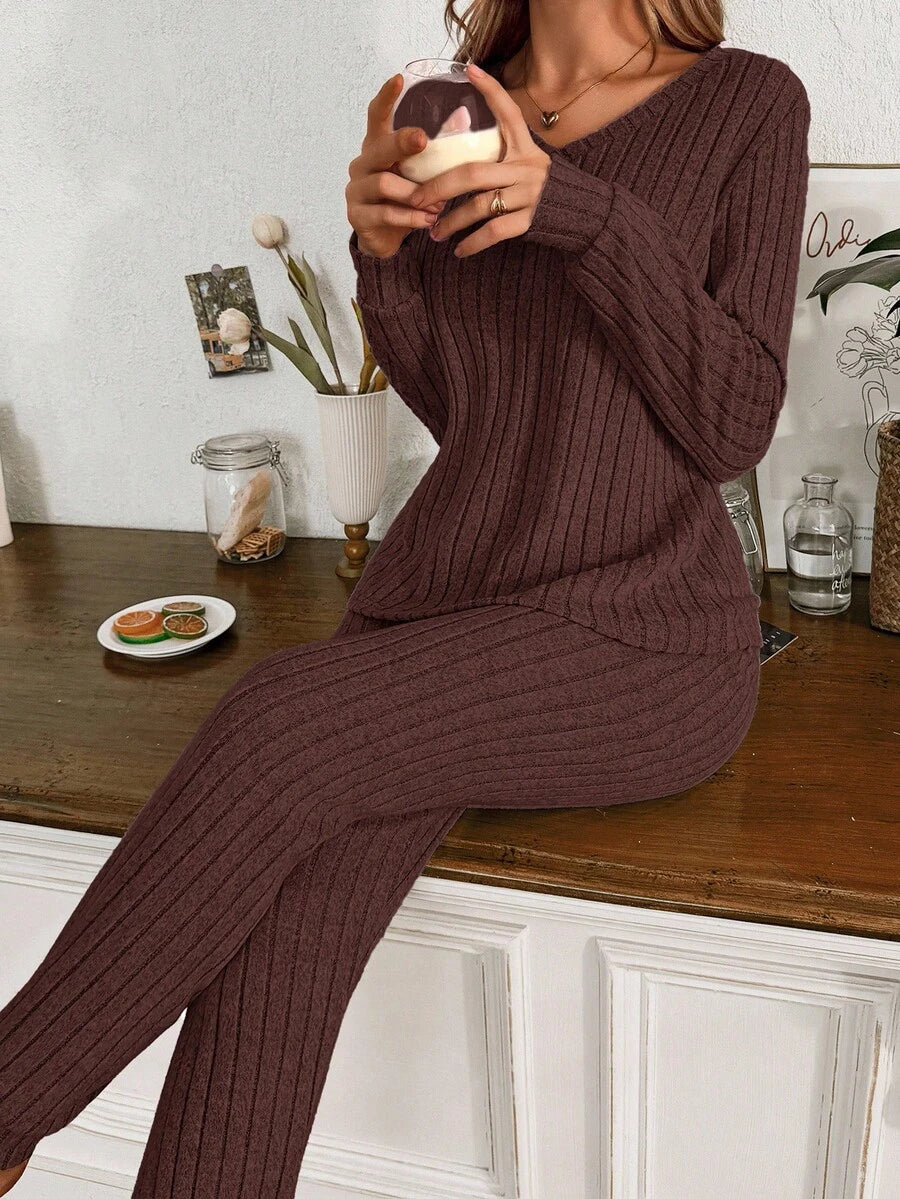 Women's Ribbed Knit Pajama Set, V-Neck Long Sleeve Top and Cuffed Jogger Pants, Brown, view 12