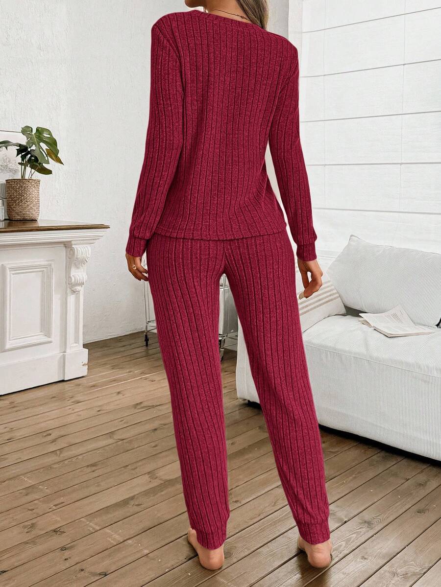 Women's Ribbed Knit Pajama Set, V-Neck Long Sleeve Top and Cuffed Jogger Pants, Red, view 14