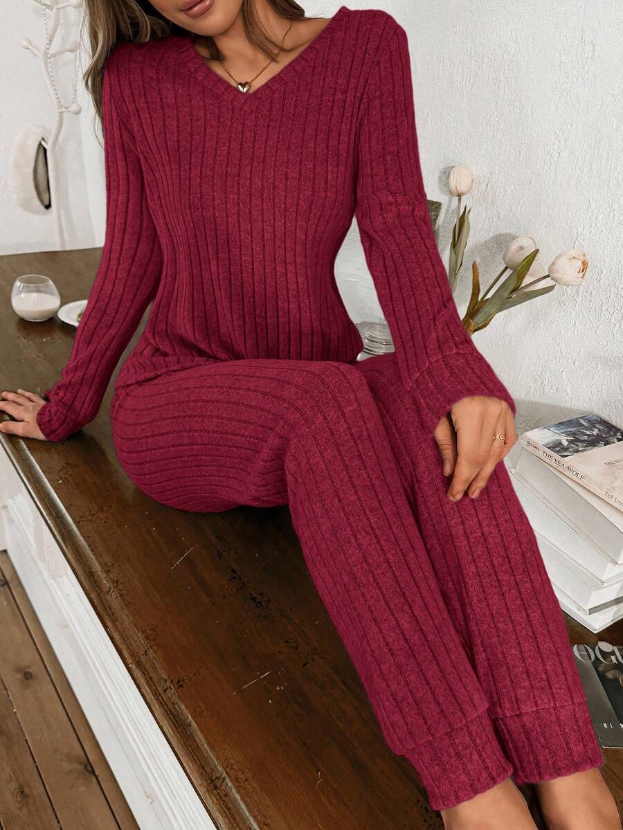 Women's Ribbed Knit Pajama Set, V-Neck Long Sleeve Top and Cuffed Jogger Pants, Red, view 16