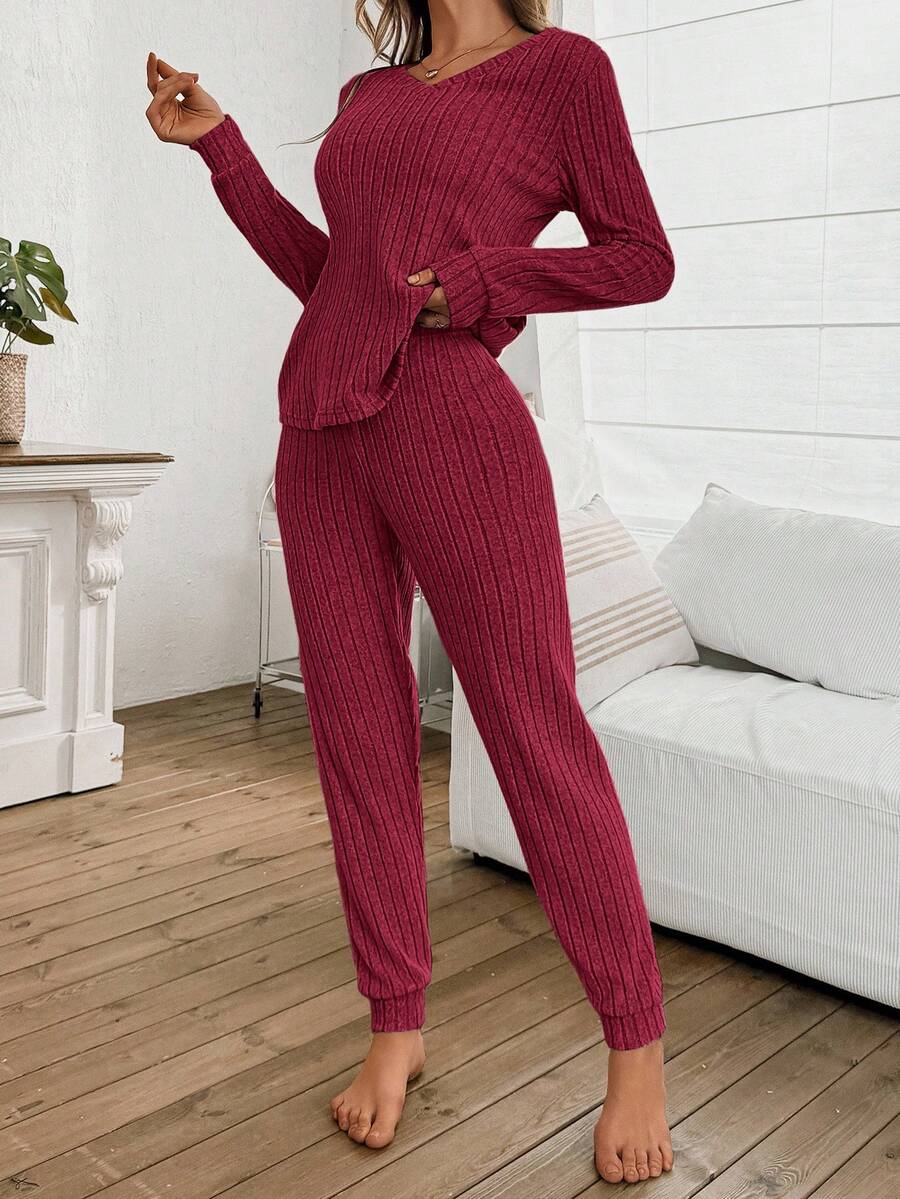 Women's Ribbed Knit Pajama Set, V-Neck Long Sleeve Top and Cuffed Jogger Pants, Red, view 17