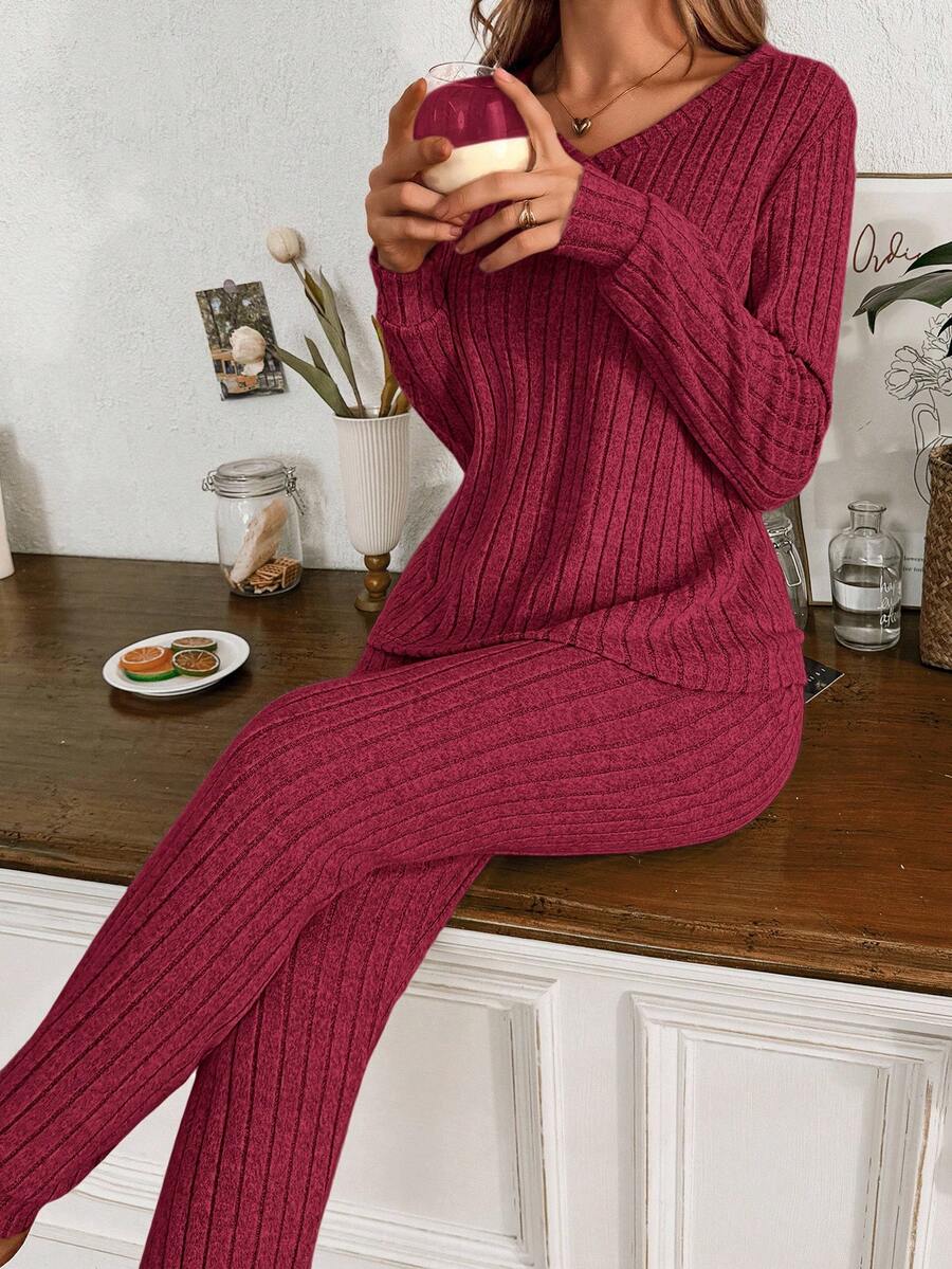 Women's Ribbed Knit Pajama Set, V-Neck Long Sleeve Top and Cuffed Jogger Pants, Red, view 18