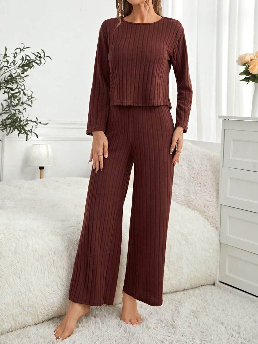 Women's Ribbed Lounge Set, Maroon Crew Neck Long Sleeve Top and Wide Leg Pants, Maroon