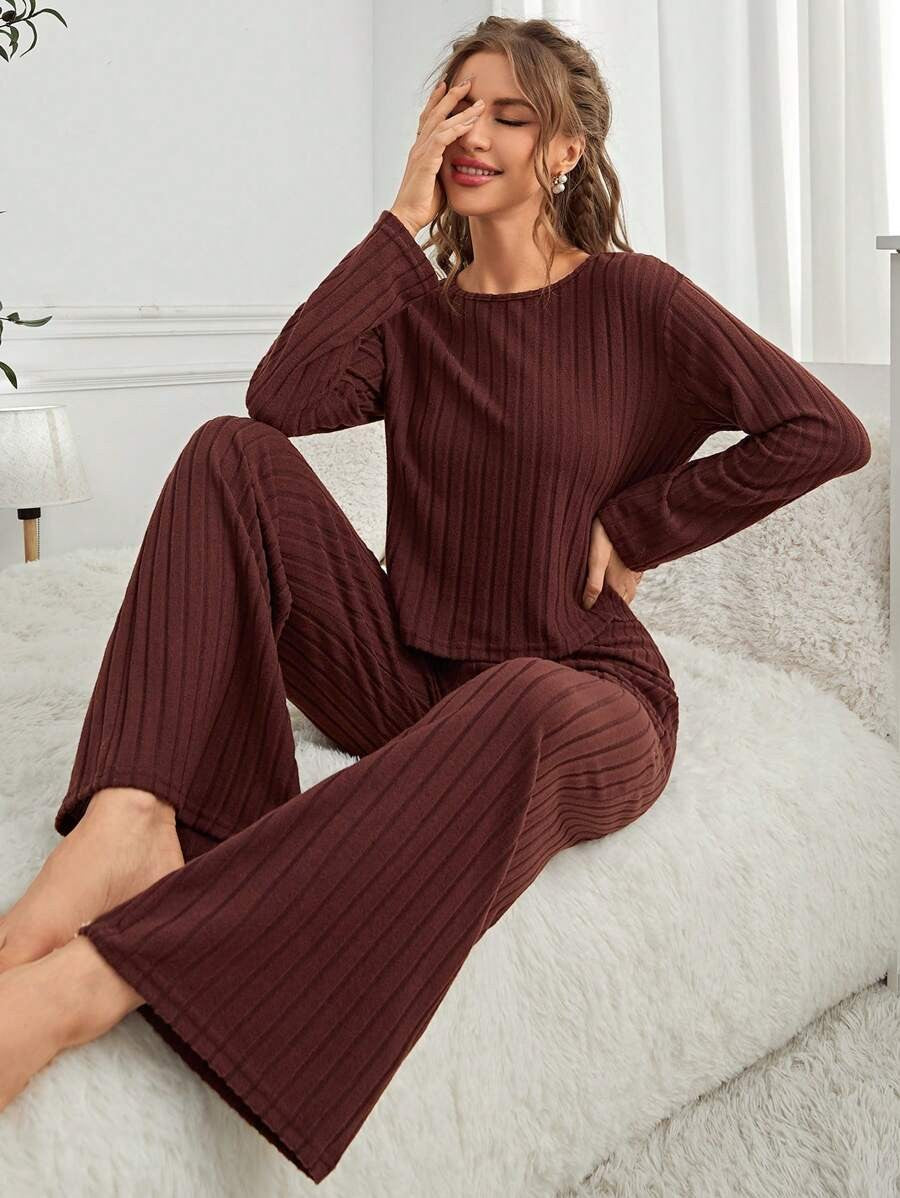 Women's Ribbed Lounge Set, Maroon Crew Neck Long Sleeve Top and Wide Leg Pants, Maroon, view 2